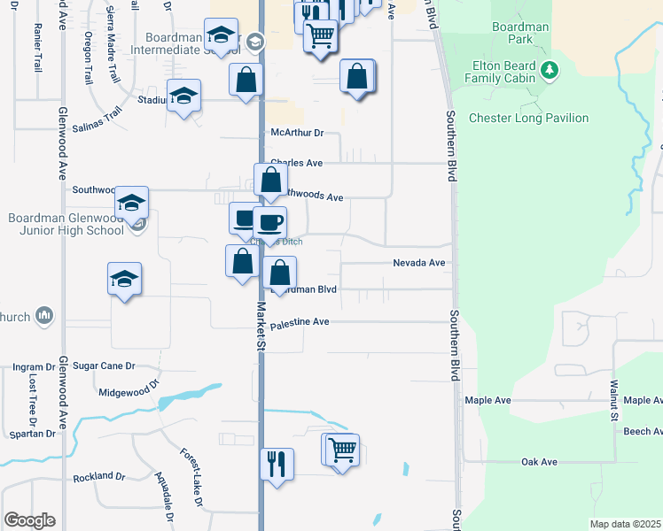 map of restaurants, bars, coffee shops, grocery stores, and more near 7732 Tod Avenue in Youngstown