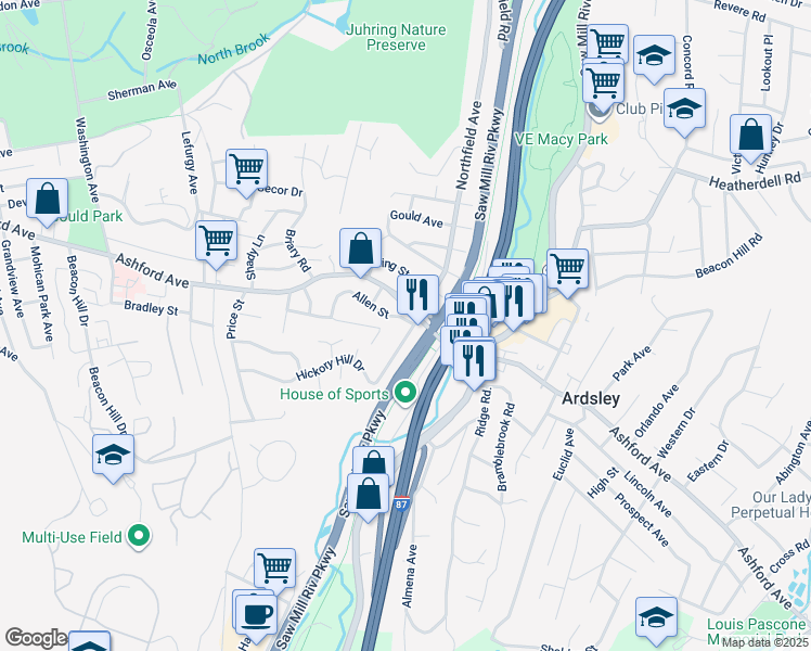 map of restaurants, bars, coffee shops, grocery stores, and more near 16 Southfield Avenue in Scarsdale