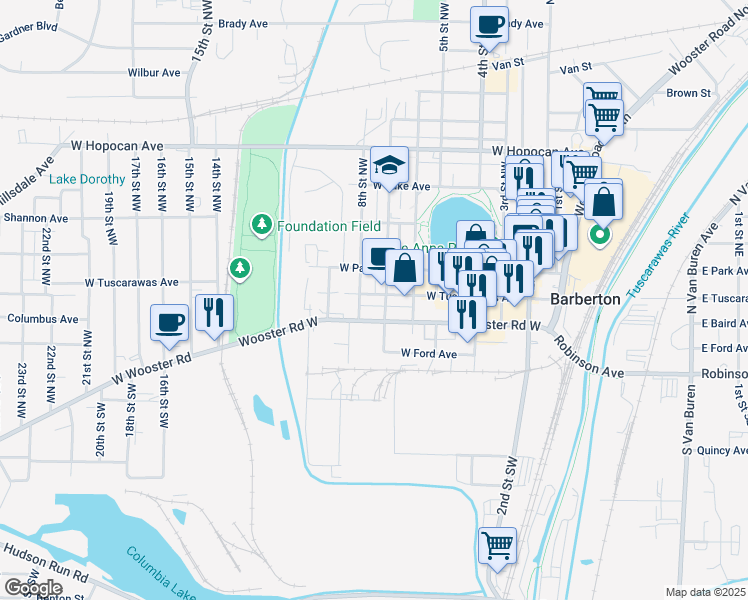 map of restaurants, bars, coffee shops, grocery stores, and more near 651 West Tuscarawas Avenue in Barberton