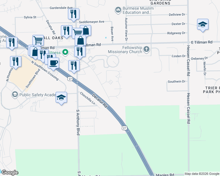 map of restaurants, bars, coffee shops, grocery stores, and more near 7911 Decatur Road in Fort Wayne