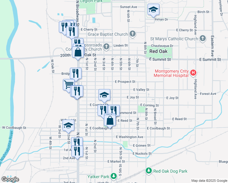 map of restaurants, bars, coffee shops, grocery stores, and more near 400 East Valley Street in Red Oak