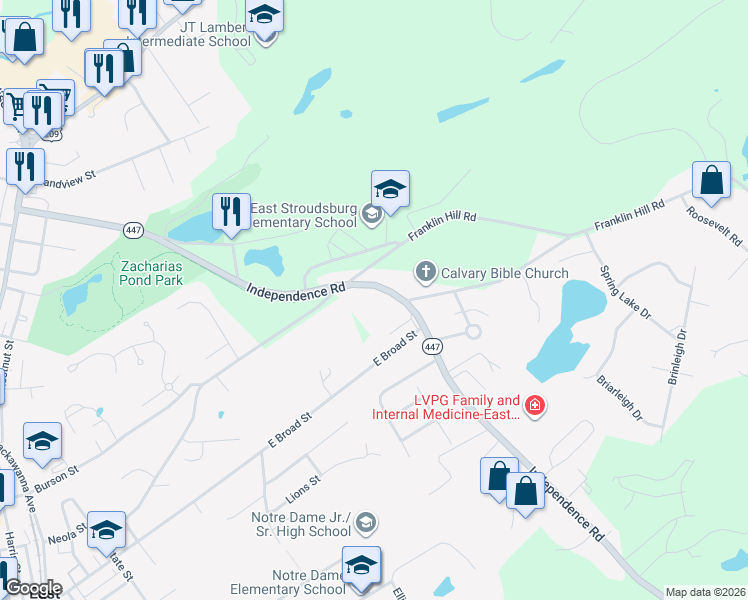 map of restaurants, bars, coffee shops, grocery stores, and more near 104 Pennsylvania 447 in East Stroudsburg