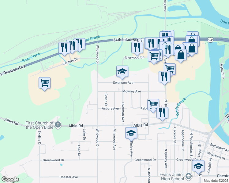 map of restaurants, bars, coffee shops, grocery stores, and more near 1801 Mowrey Avenue in Ottumwa