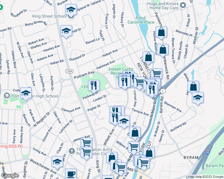 map of restaurants, bars, coffee shops, grocery stores, and more near 84 Putnam Avenue in Port Chester