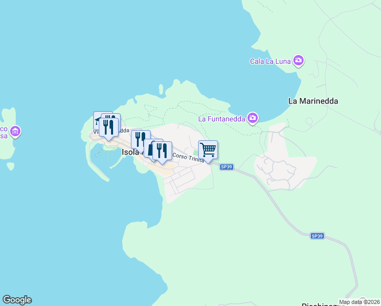 map of restaurants, bars, coffee shops, grocery stores, and more near in Isola Rossa