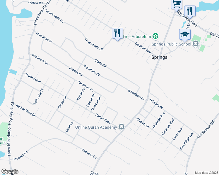 map of restaurants, bars, coffee shops, grocery stores, and more near 65 Sandra Road in East Hampton