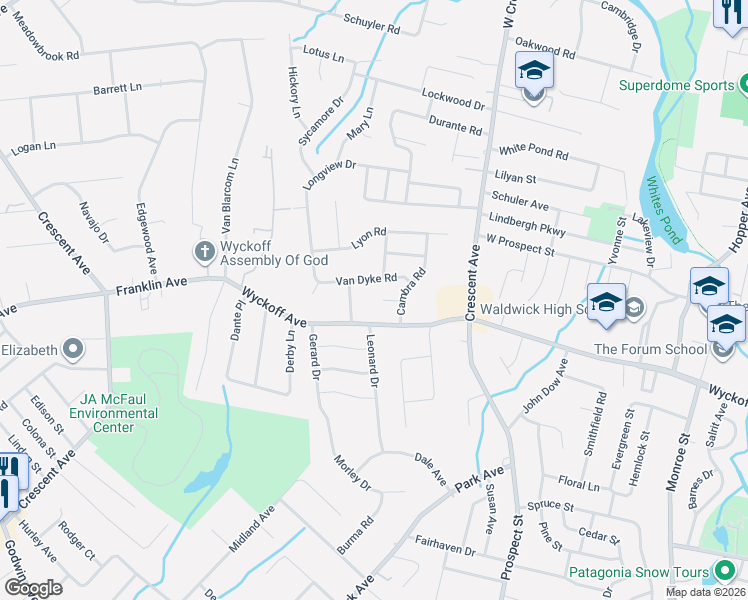 map of restaurants, bars, coffee shops, grocery stores, and more near 11 Bender Road in Waldwick