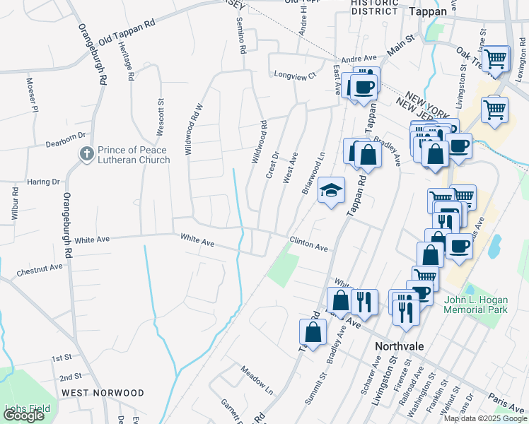 map of restaurants, bars, coffee shops, grocery stores, and more near 406 Crest Drive in Northvale