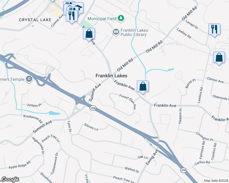 map of restaurants, bars, coffee shops, grocery stores, and more near 332 Forest Glen Avenue in Franklin Lakes