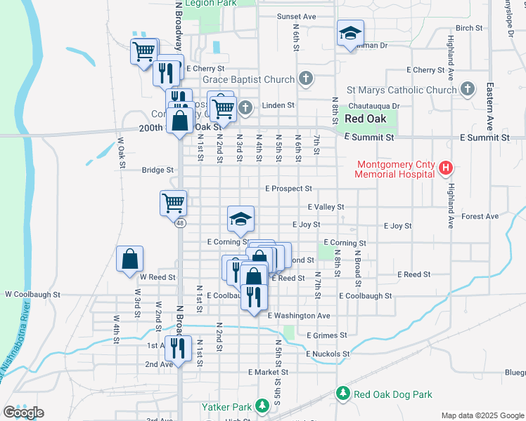 map of restaurants, bars, coffee shops, grocery stores, and more near 400 East Valley Street in Red Oak