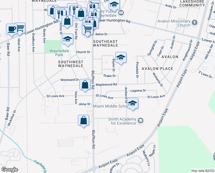 map of restaurants, bars, coffee shops, grocery stores, and more near 2309 Maplewood Rd in Fort Wayne