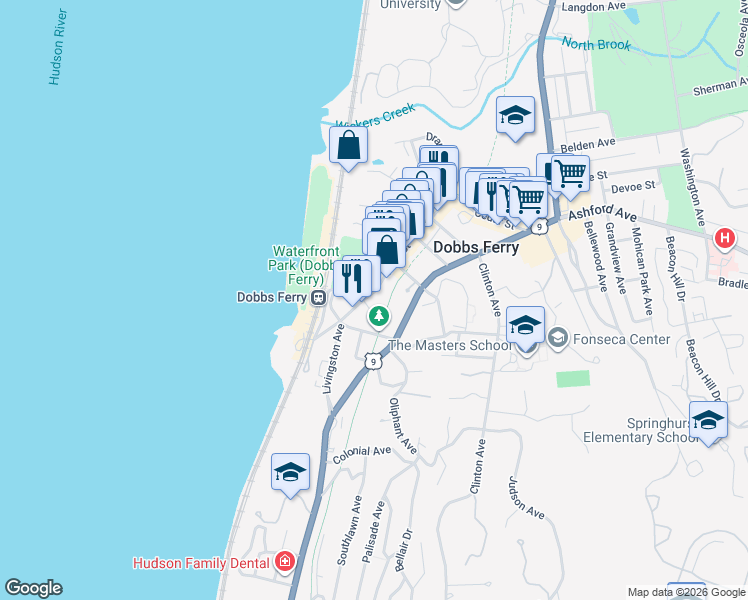 map of restaurants, bars, coffee shops, grocery stores, and more near 50 Main Street in Dobbs Ferry