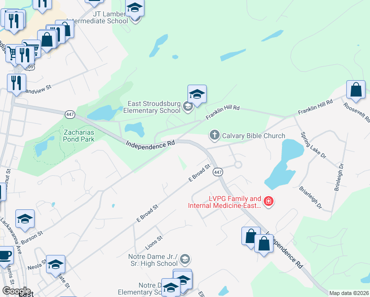 map of restaurants, bars, coffee shops, grocery stores, and more near 104 Pennsylvania 447 in East Stroudsburg