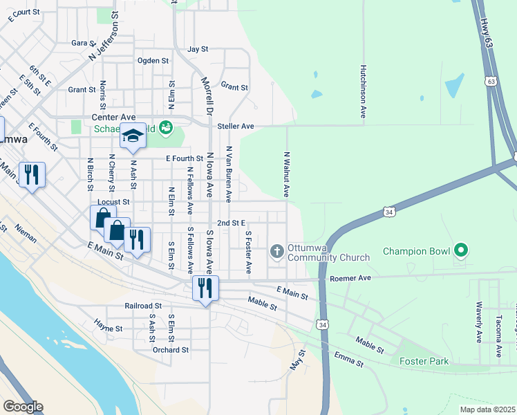 map of restaurants, bars, coffee shops, grocery stores, and more near 1600-1644 Locust Street in Ottumwa