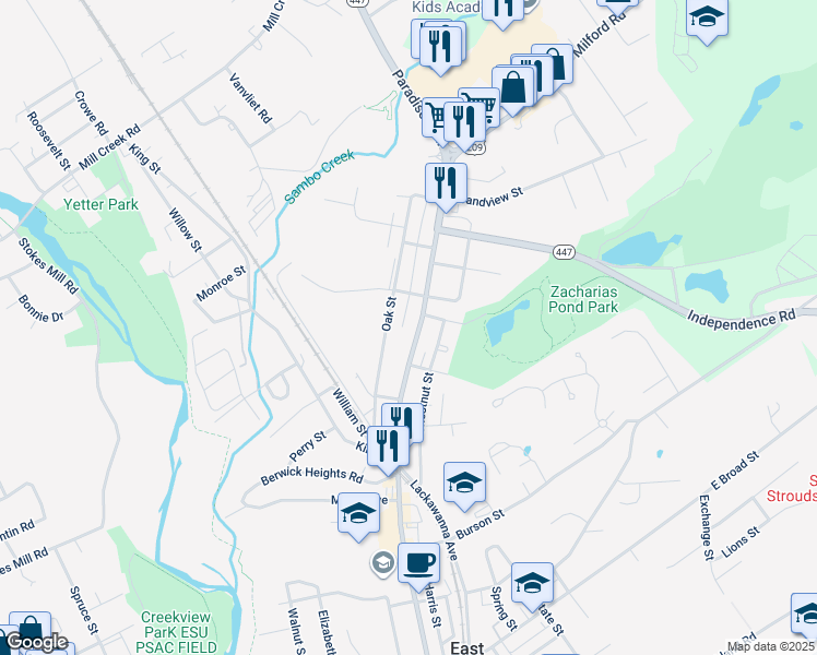 map of restaurants, bars, coffee shops, grocery stores, and more near 507 North Courtland Street in East Stroudsburg