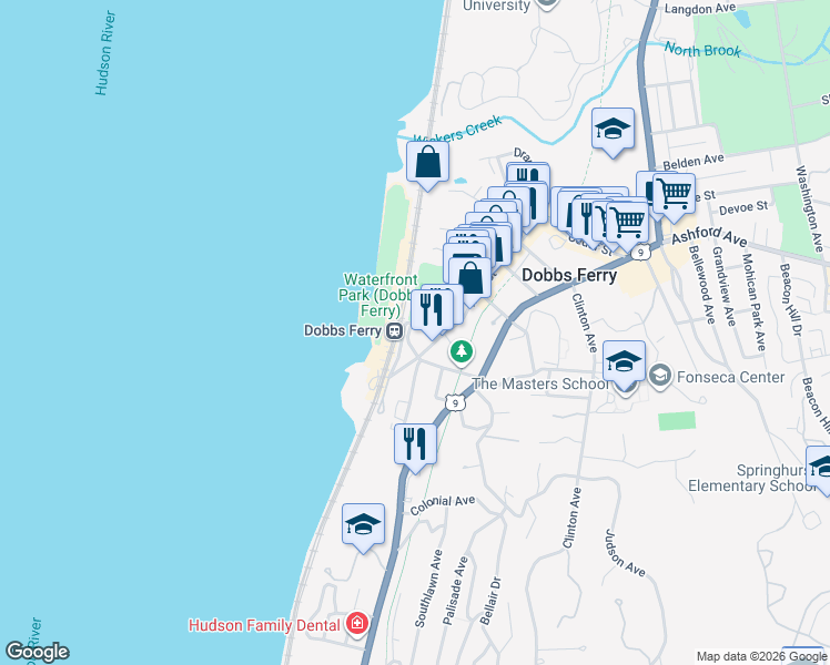 map of restaurants, bars, coffee shops, grocery stores, and more near 42 Palisade Street in Dobbs Ferry