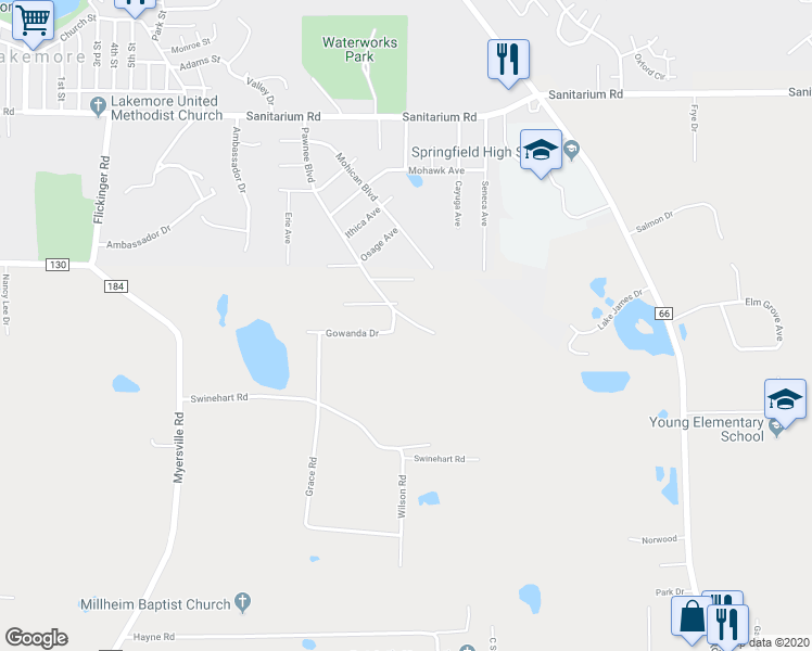 map of restaurants, bars, coffee shops, grocery stores, and more near 1640 Pawnee Boulevard in Akron