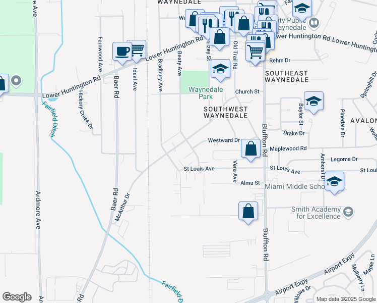 map of restaurants, bars, coffee shops, grocery stores, and more near 7420 Beaty Avenue in Fort Wayne
