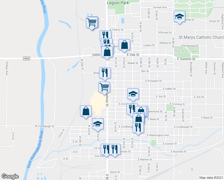 map of restaurants, bars, coffee shops, grocery stores, and more near 104 West Valley Street in Red Oak