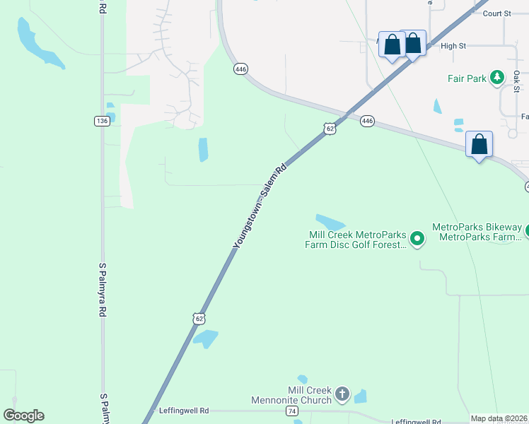 map of restaurants, bars, coffee shops, grocery stores, and more near 7303 Youngstown - Salem Road in Canfield