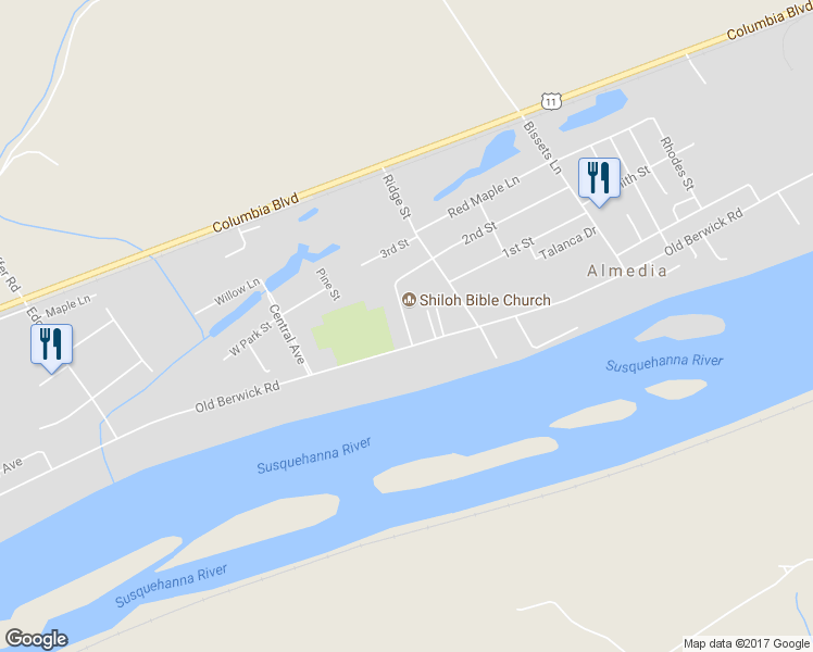 map of restaurants, bars, coffee shops, grocery stores, and more near Church Street in Bloomsburg