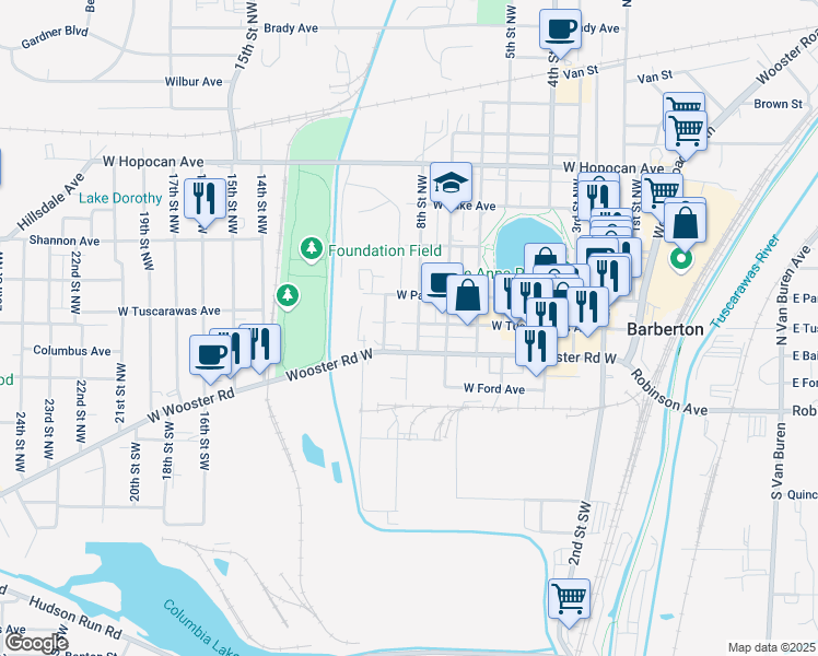 map of restaurants, bars, coffee shops, grocery stores, and more near 82 8th Street Northwest in Barberton