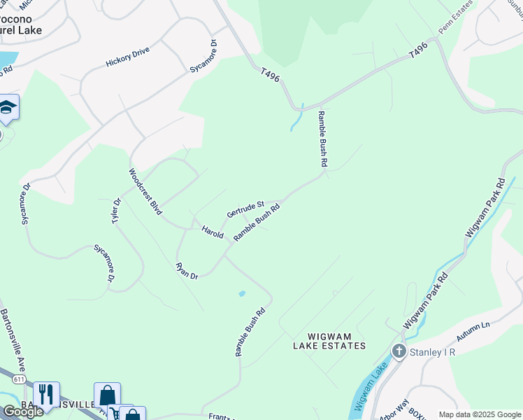 map of restaurants, bars, coffee shops, grocery stores, and more near 281 Ramble Bush Road in Stroudsburg