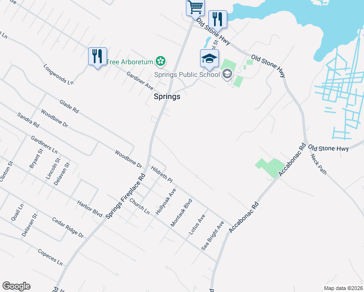 map of restaurants, bars, coffee shops, grocery stores, and more near 682 Springs Fireplace Road in East Hampton