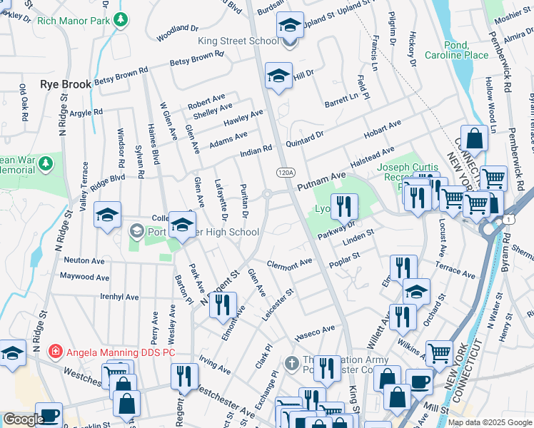 map of restaurants, bars, coffee shops, grocery stores, and more near 256 N Regent St in Port Chester