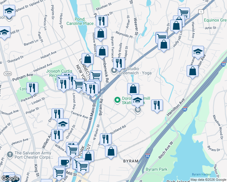 map of restaurants, bars, coffee shops, grocery stores, and more near 71 Vinci Drive in Greenwich