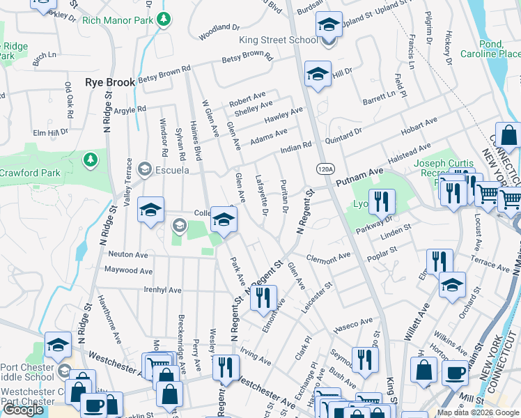 map of restaurants, bars, coffee shops, grocery stores, and more near 283 Glen Avenue in Port Chester