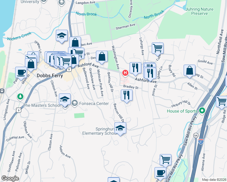map of restaurants, bars, coffee shops, grocery stores, and more near 103 Beacon Hill Drive in Dobbs Ferry