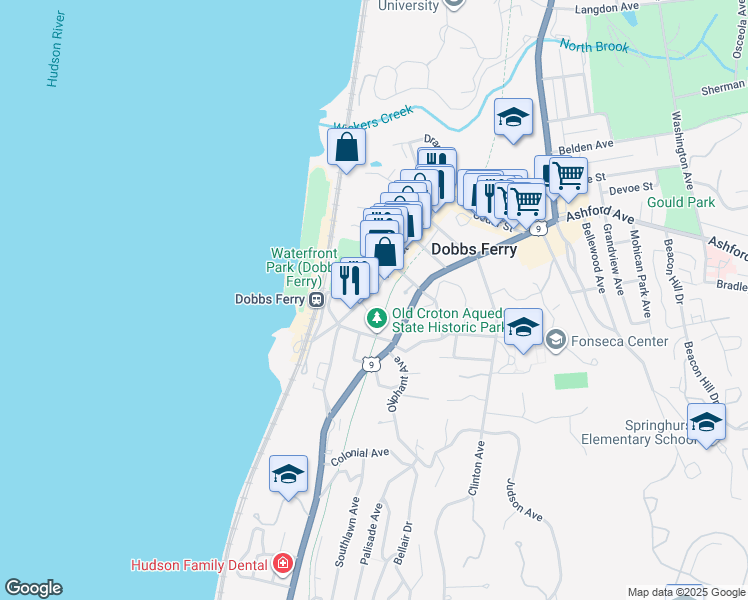map of restaurants, bars, coffee shops, grocery stores, and more near 50 Main Street in Dobbs Ferry