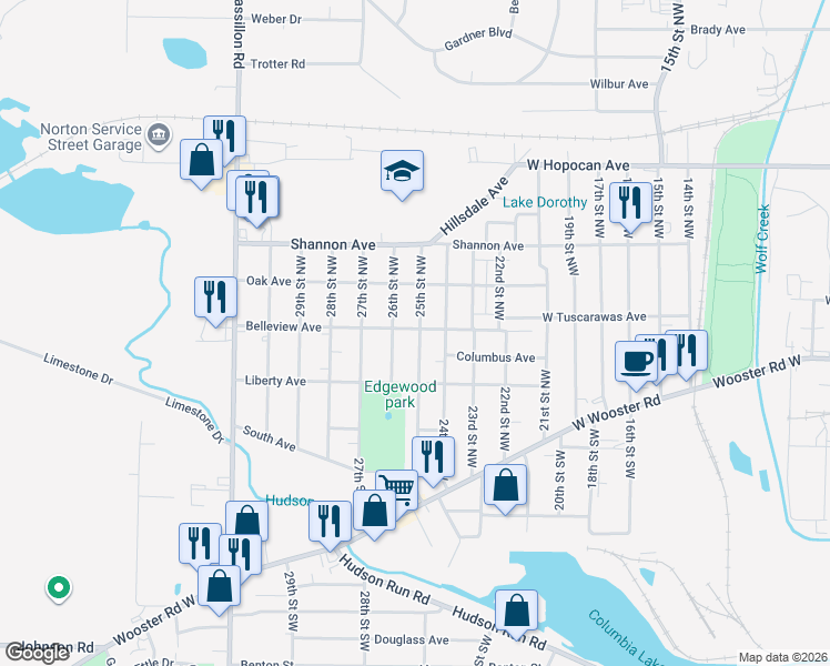 map of restaurants, bars, coffee shops, grocery stores, and more near 180 25th Street Northwest in Barberton
