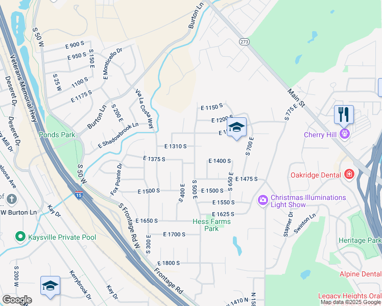map of restaurants, bars, coffee shops, grocery stores, and more near 1354 South 500 East in Kaysville