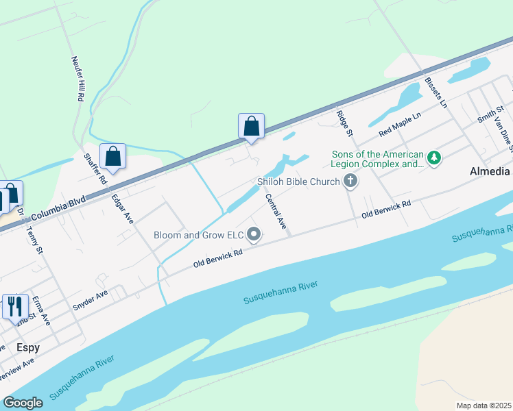 map of restaurants, bars, coffee shops, grocery stores, and more near 6 West Park Street in Bloomsburg