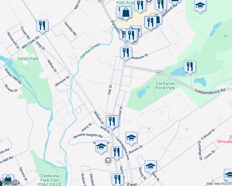 map of restaurants, bars, coffee shops, grocery stores, and more near 507 North Courtland Street in East Stroudsburg