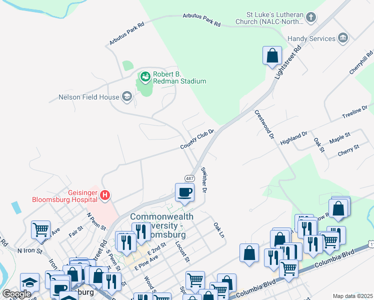 map of restaurants, bars, coffee shops, grocery stores, and more near 13 York Road in Bloomsburg