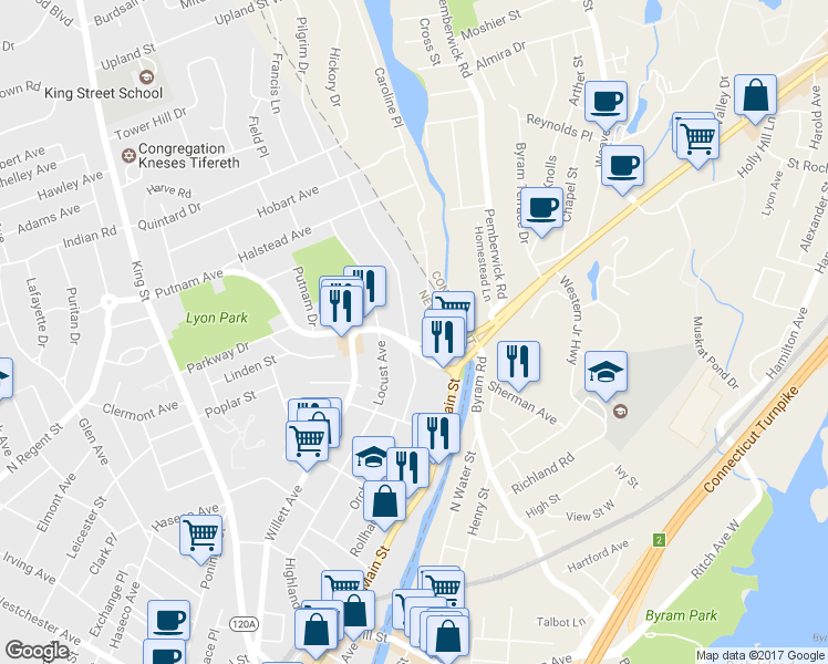 map of restaurants, bars, coffee shops, grocery stores, and more near 213 Madison Avenue in Port Chester