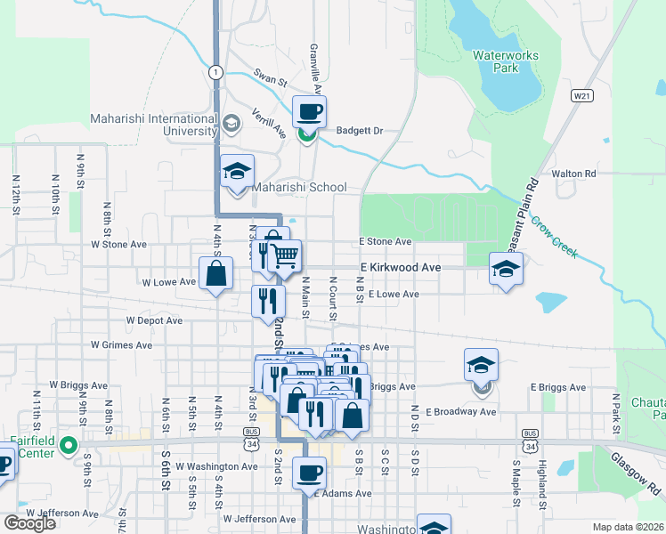 map of restaurants, bars, coffee shops, grocery stores, and more near 101 East Kirkwood Avenue in Fairfield