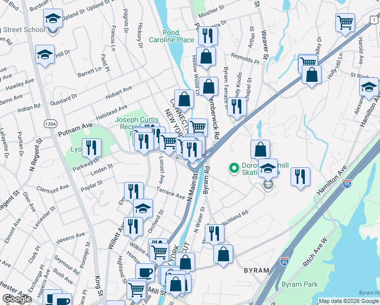 map of restaurants, bars, coffee shops, grocery stores, and more near 11 Riverdale Avenue in Port Chester
