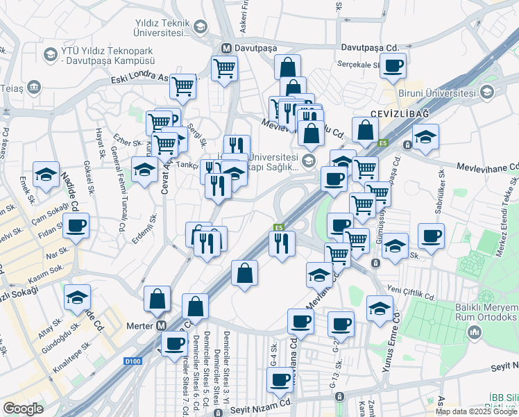 map of restaurants, bars, coffee shops, grocery stores, and more near 8 Cevizlibağ Köprüsü in Zeytinburnu
