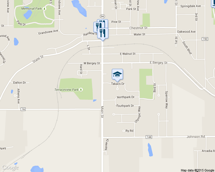 map of restaurants, bars, coffee shops, grocery stores, and more near 127 Takacs Dr in Wadsworth