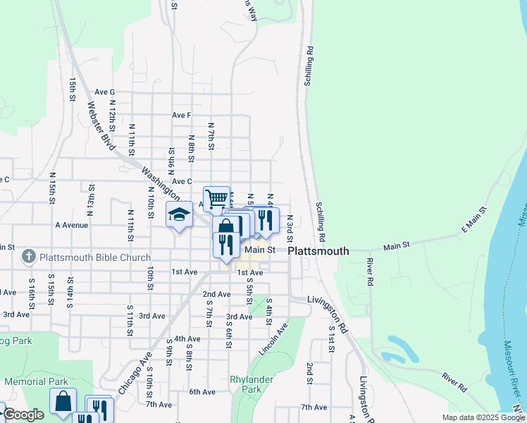 map of restaurants, bars, coffee shops, grocery stores, and more near 421 Avenue B in Plattsmouth