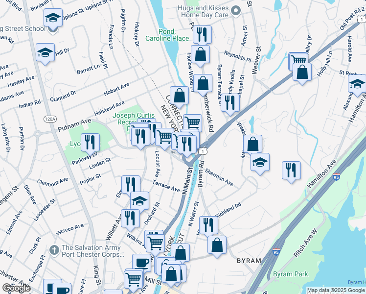 map of restaurants, bars, coffee shops, grocery stores, and more near 11 Riverdale Avenue in Port Chester