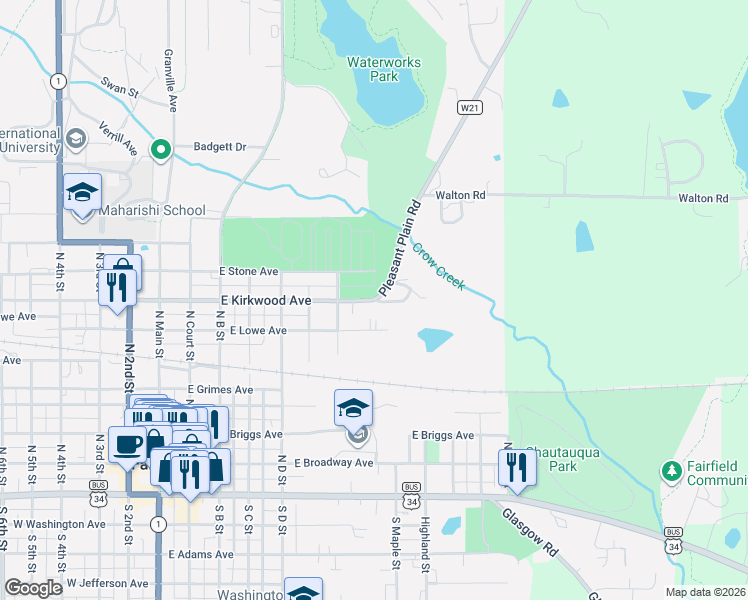 map of restaurants, bars, coffee shops, grocery stores, and more near 600 Pleasant Plain Road in Fairfield