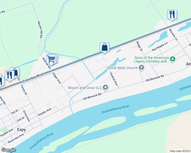 map of restaurants, bars, coffee shops, grocery stores, and more near 45 Willow Lane in Bloomsburg