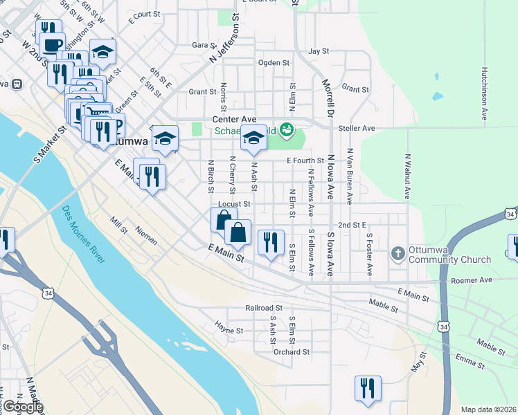 map of restaurants, bars, coffee shops, grocery stores, and more near 1100-1148 Locust Street in Ottumwa