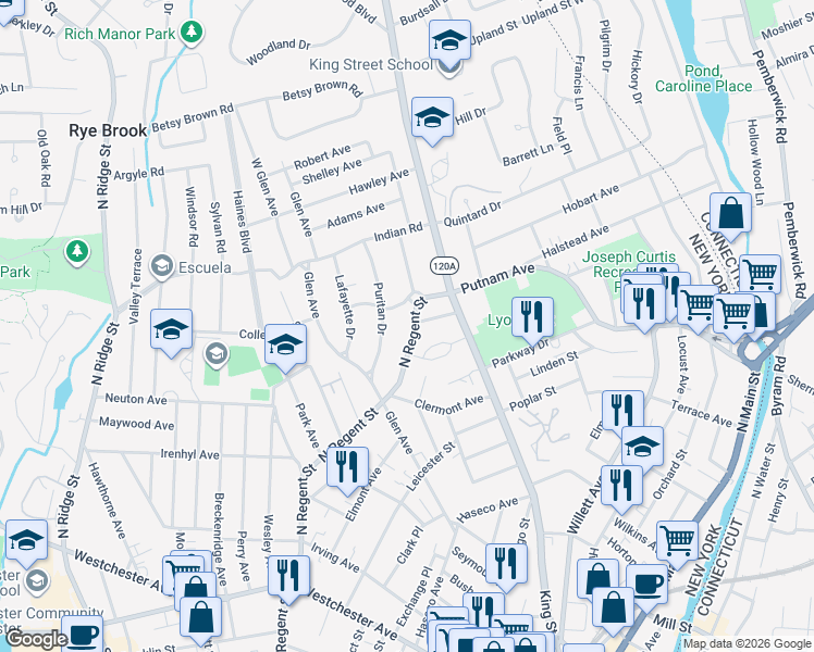 map of restaurants, bars, coffee shops, grocery stores, and more near 256 North Regent Street in Port Chester