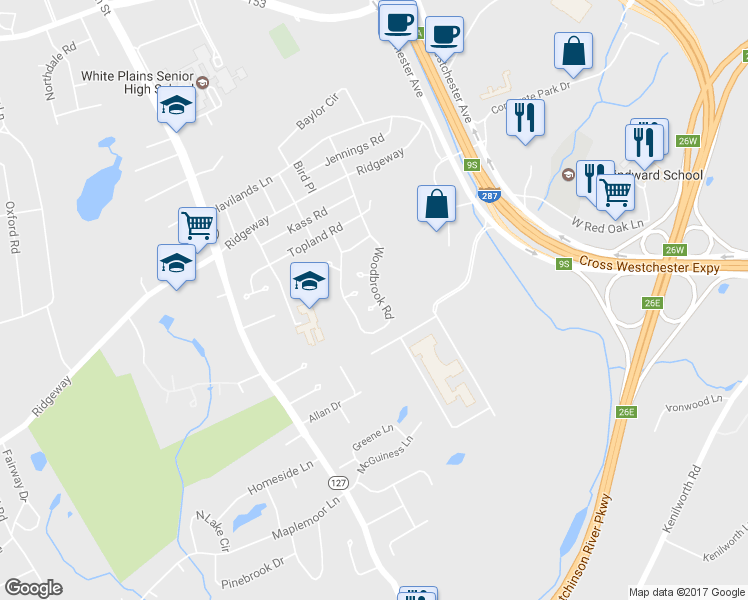 map of restaurants, bars, coffee shops, grocery stores, and more near 125 Woodbrook Road in White Plains